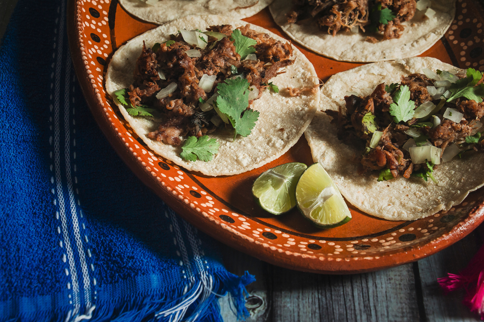Delicious Tacos of Barbecue on Mexican Clay Plates